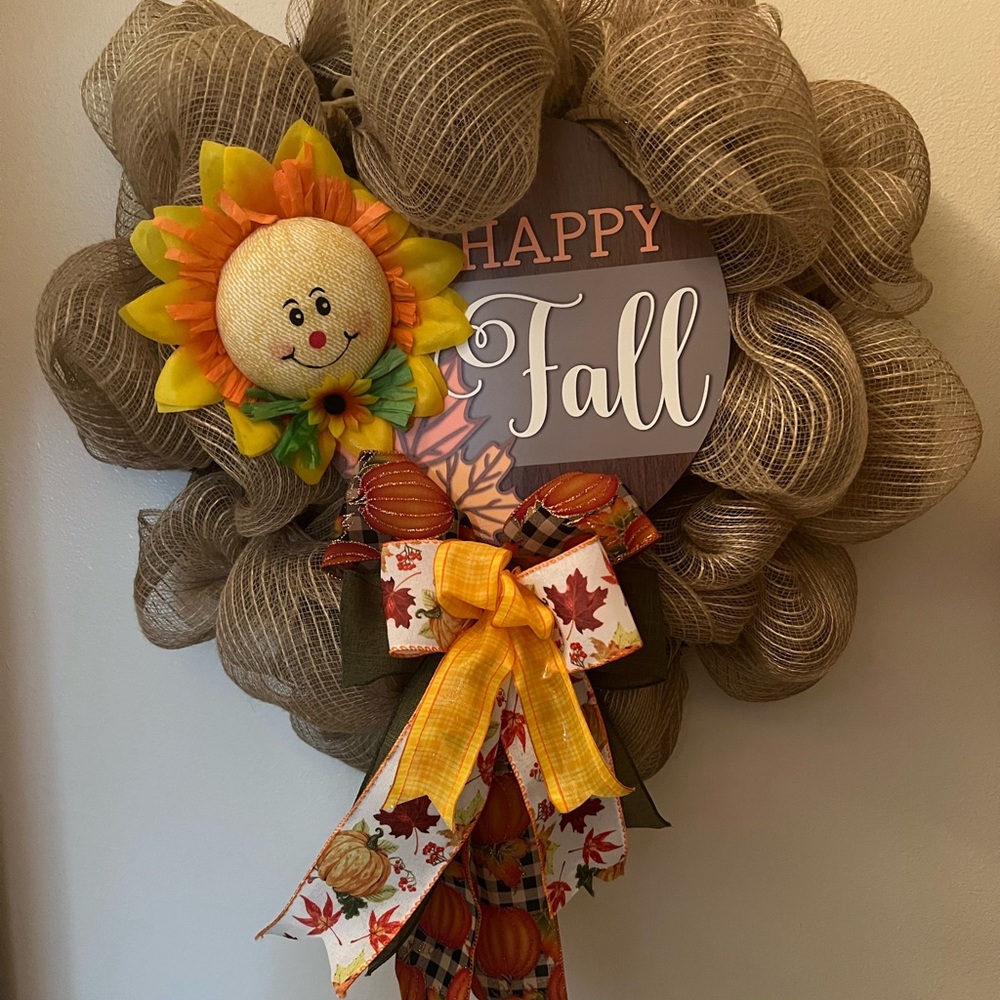 Happy Fall Wreath with Sunflower and Bow